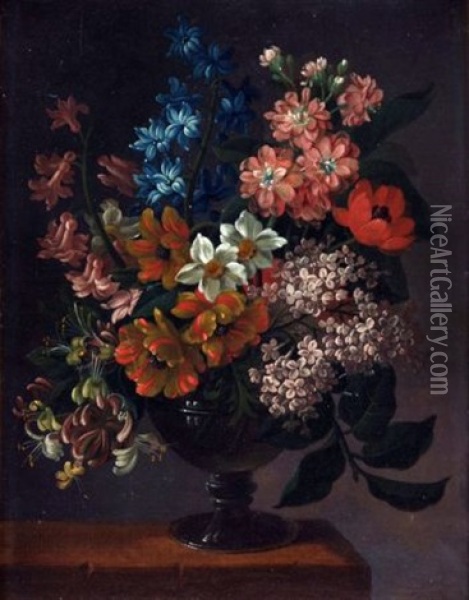 Still Life Of Mixed Flowers In A Vase On A Ledge (study) Oil Painting - James (Sillet) Sillett