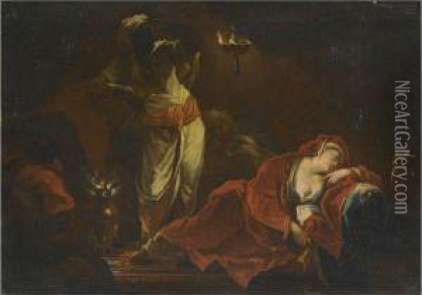 Sleeping Woman With Servant Approaching Oil Painting - Giovanni Camillo Sagrestani