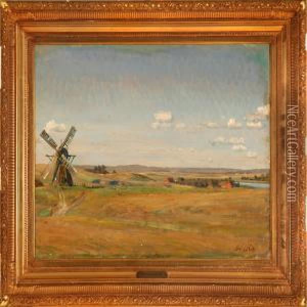 Danish Summer Landscape With A Mill Oil Painting - Joakim Skovgaard