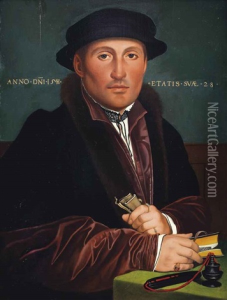 Portrait Of A Gentleman, Half-length, In A Red And Black Furlined Coat With A Black Hat, Holding A Book And A Piece Of Paper Oil Painting - Hans Holbein the Younger