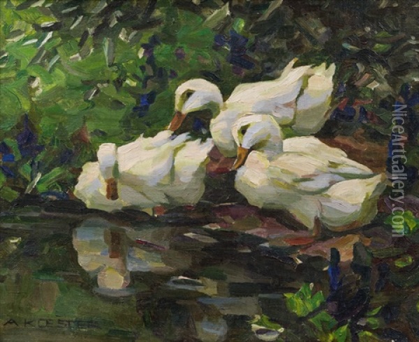 Drei Enten Am Teichufer Oil Painting - Alexander Max Koester