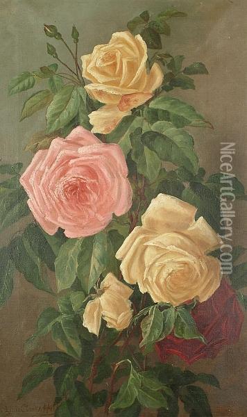 Still Lives Of Pink And Yellow Roses Oil Painting - Lizzie Clark