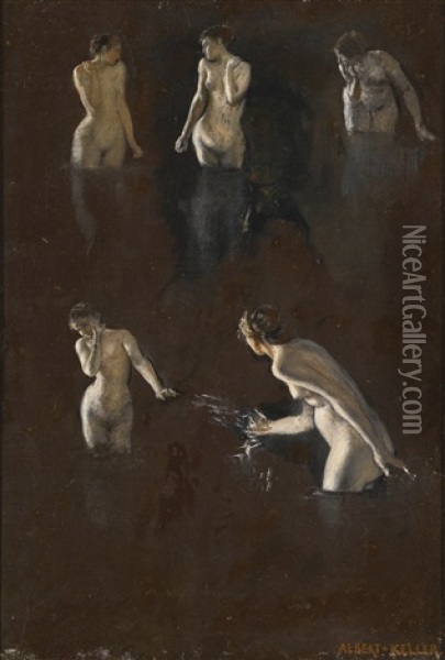 Study Of Five Female Nudes Oil Painting - Albert von Keller