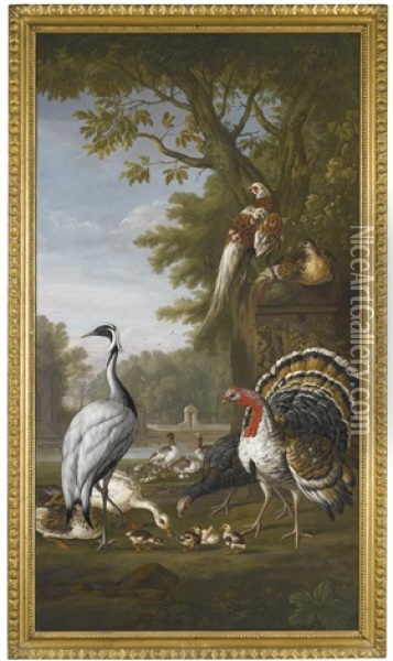 A Heron, Turkeys, Ducks And Pheasants By A Lake In An Ornamental Garden; Pheasants And Chicks, A Pair Of Magpies And Pigeons In A Wooded Park, Buildings Beyond (pair) Oil Painting - Pieter Casteels III