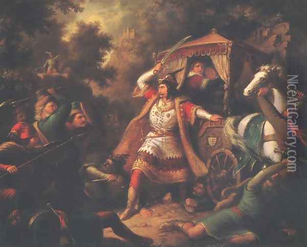 Palatine Gara Defends Queens Mary and Elisabeth c. 1855 Oil Painting - Mihaly Kovacs