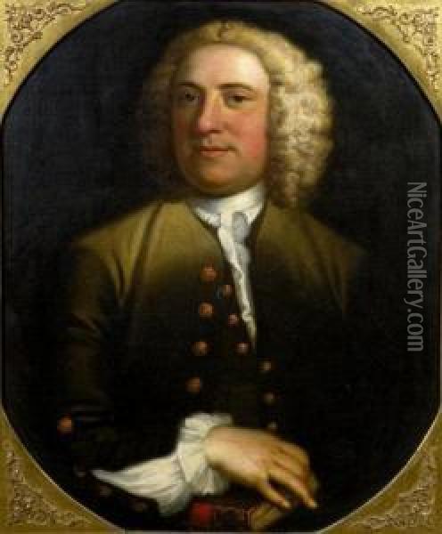 Portrait Of Joseph Littledale (1710-1744) Of Whitehaven Wearing A Green Top Coat And Frilled Collar, Half Length Oil Painting - Matthias Read