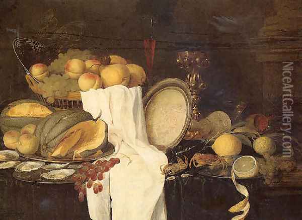 Still life of melons, grapes, oysters, crab and lemons on pewter plates, with a basket of fruit, wineglasses and a gilt cup Oil Painting - Andries Benedetti