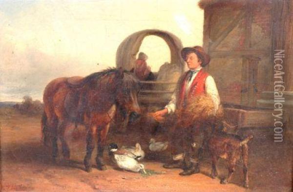 Young Boy Feeding A Pony Oil Painting - Thomas Smythe