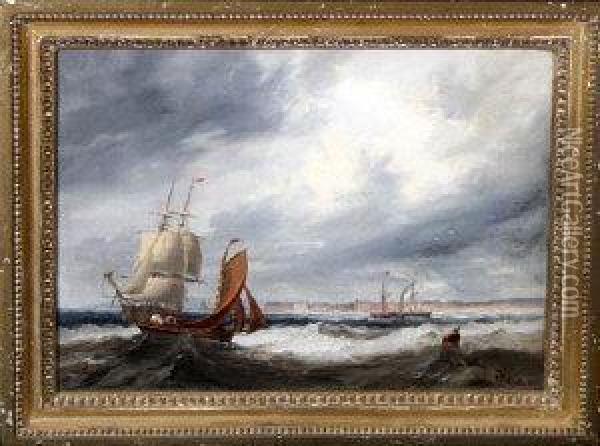 Shipping Off A Coastal Town Under A Grey Sky Oil Painting - John Wilson Carmichael