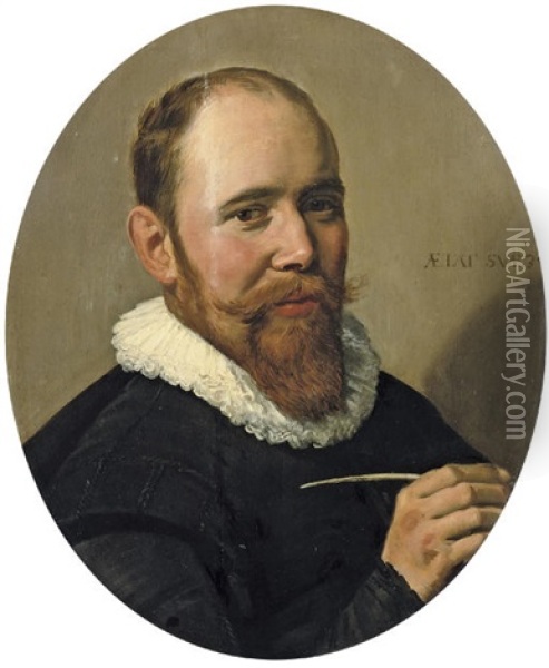 Portrait Of A Gentleman Holding A Pen (willem Warmondt?) Oil Painting - Frans Hals