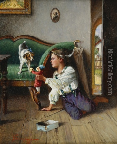 Spielender Junge Mit Hund Oil Painting - Franz Gelbenegger