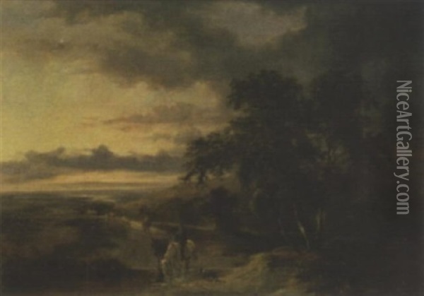 Extensive Country Landscape At Dusk With Figure And Horses In The Foreground Oil Painting - Richard H. Hilder