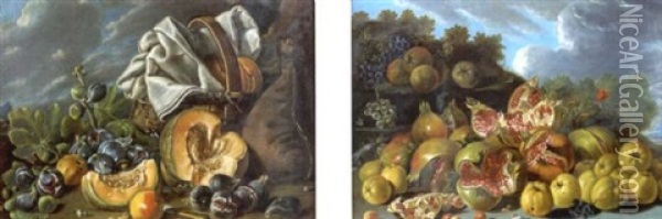 Nature Morte De Fruits Sur Fond De Paysage (+ Another; Pair) Oil Painting - Luis Melendez