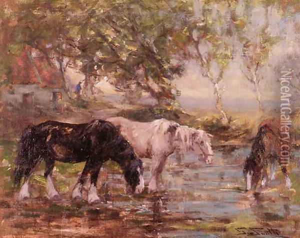 Horses at a Pool Oil Painting - George Smith