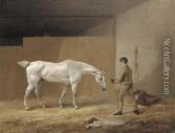 A Grey Hunter And Stableboy Oil Painting - Edmund Bristow