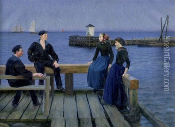 Zwei Matrosen Im Gesprach Mit Zwei Magden Im Hafen Von Dragor Nordlich Von Kopenhagen Oil Painting - Emil Axel Krause