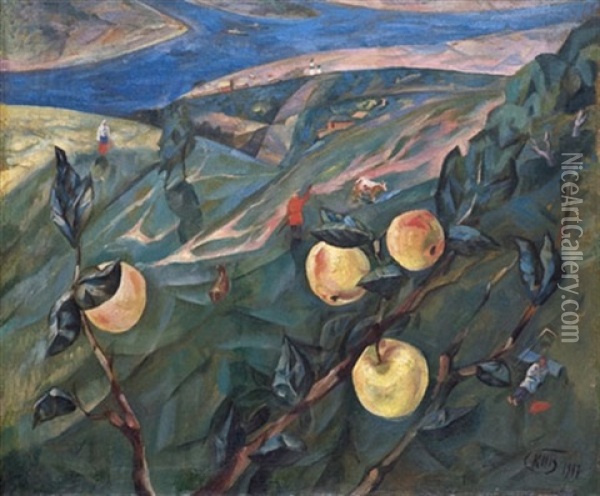 Rural Landscape With Fruit Oil Painting - Kuz'ma Sergeevich Petrov-Vodkin