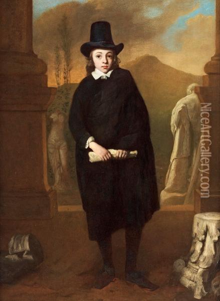 Portrait Of A Young Man, Full-length, In A Blackcostume And Har, Standing Amongst Classic Sculptures Oil Painting - Thomas De Keyser