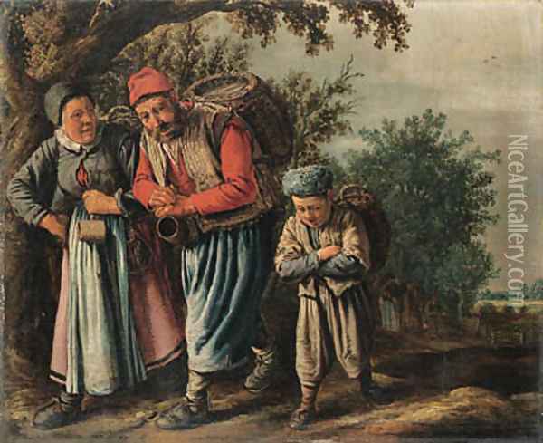 A peasant family carrying baskets on a track on the way to market Oil Painting - Pieter de Molyn