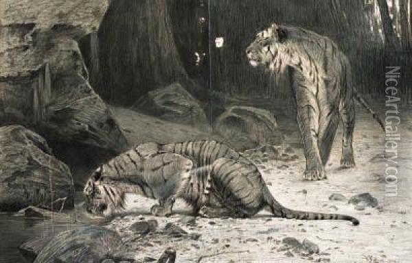Two Tigers Oil Painting - Wilhelm Kuhnert