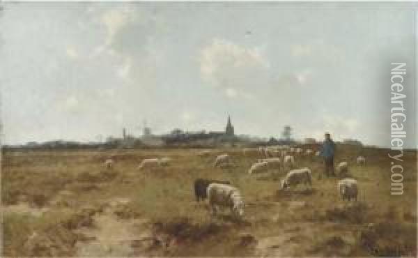 A Shepherd With His Flock, A Village In The Distance Oil Painting - Cornelis I Westerbeek