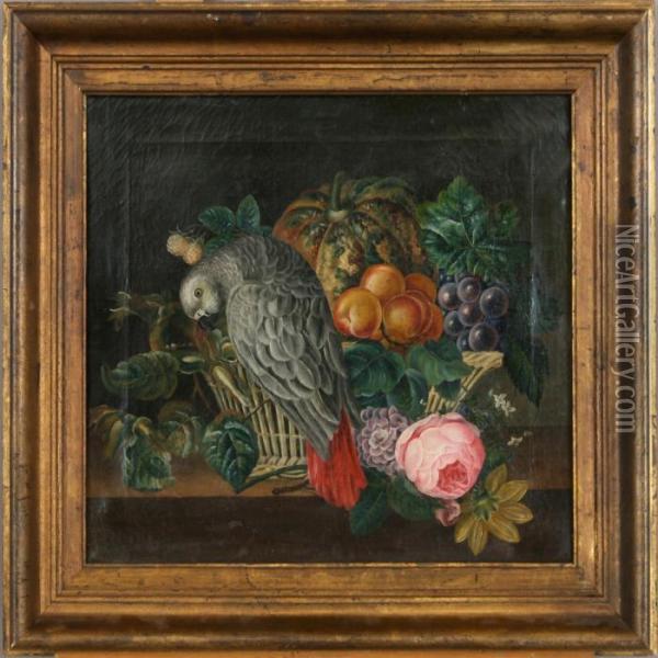 Still Life With Flowers, Fruits And Parrot Oil Painting - I.L. Jensen