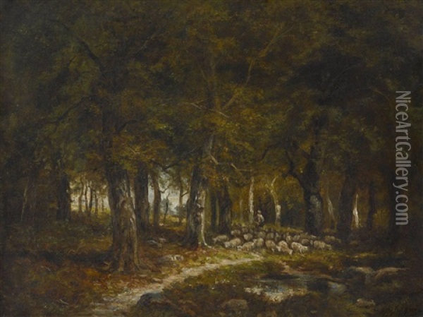 Schafer Mit Herde In Waldlandschaft Oil Painting - Charles Emile Jacque