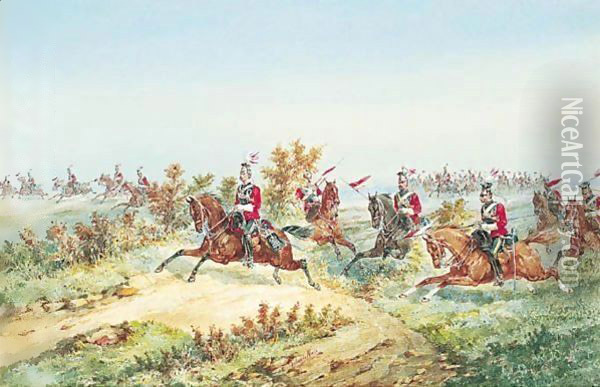 The 16th Queen's Lancers On Manoeuvres Oil Painting - Orlando Norie
