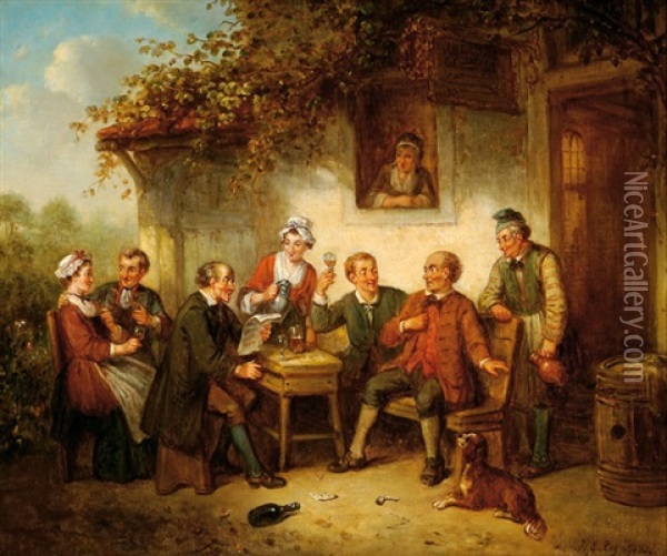 Merry Company In Front Of An Inn Oil Painting - Henricus Engelbertus Reijntjens