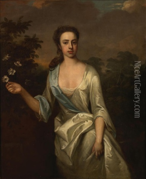 Portrait Of A Lady, Three-quarter-length, In A White Dress Holding Flowers, Before A Landscape Oil Painting - Michael Dahl