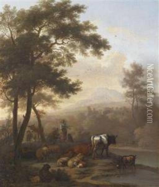 A Southern Landscape With Resting Cattle Oil Painting - Adrian Van De Velde