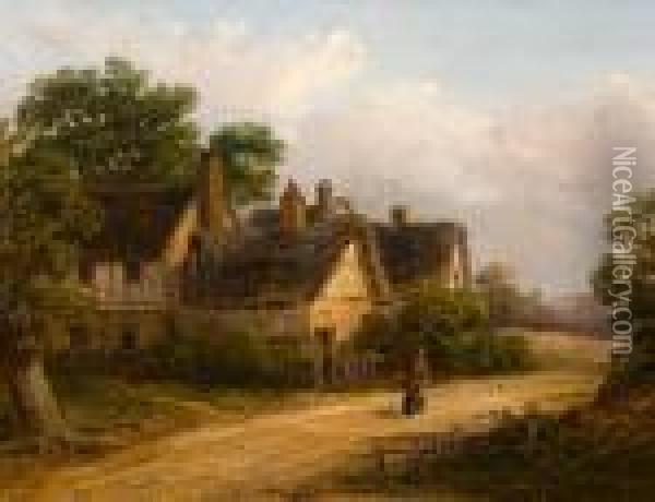 Lady In A Cloak On A Country Road Besidetimber Framed Cottages Oil Painting - Thomas Smythe