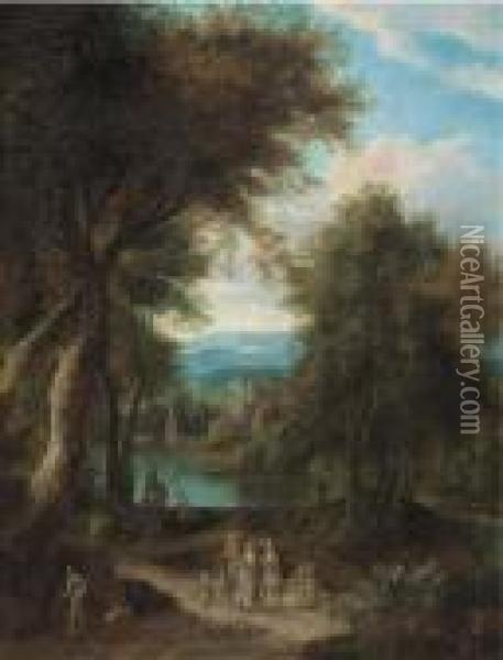A Wooded River Landscape With Travellers On A Track Oil Painting - Peeter Bout