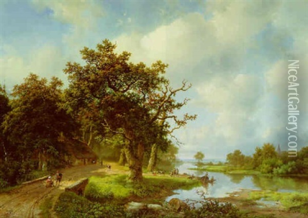 A  Wooded Landscape With Figures And Cattle By A Barge Oil Painting - Marinus Adrianus Koekkoek
