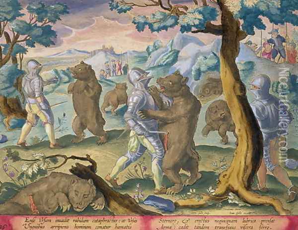 Men in Heavy Armour Attack Bears by Stabbing them in the Vitals, plate 26 from Venationes Ferarum, Avium, Piscium Of Hunting Wild Beasts, Birds, Fish engraved by Jan Collaert 1566-1628 published by Phillipus Gallaeus of Amsterdam Oil Painting - Giovanni Stradano