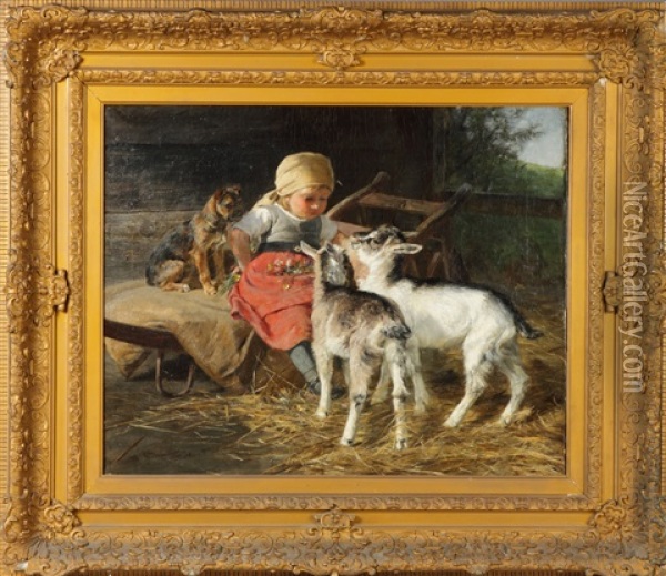 Young Girl With Dog And Goats Oil Painting - Hermine Biedermann-Arendts