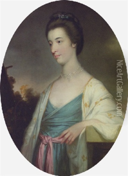Portrait Of Mary Aubrey Of Rathcoffey, Co. Kildare, In A Blue Dress And White Embroidered Wrap Oil Painting - Tilly Kettle