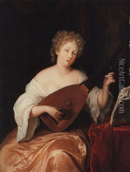 A Young Woman Seated, Playing A Lute Oil Painting - Eglon Hendrik van der Neer