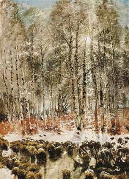 Vinterklaedt Birkeskov I Modlys Oil Painting - Thorvald Simeon Niss