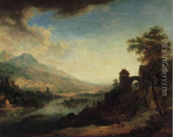 Wanderer In Einer Bewaldeten Fluslandschaft Oil Painting - Jacques d' Arthois