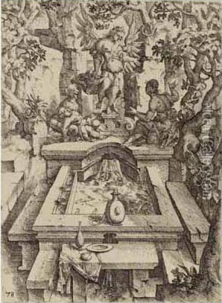 A Fountain With A Female Figure (andresen Ii, 16.163; Holl.17) Oil Painting - Wendel I Dietterlin