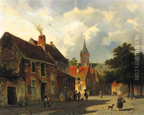 A Sunlit Village Square With Figures Conversing Oil Painting - Adrianus Eversen