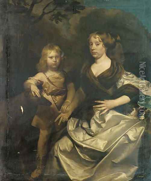 Double portrait of a lady and her son, full-length, the lady seated, in a silver dress with a brown wrap, the boy in an orange tunic Oil Painting - Gerard Soest