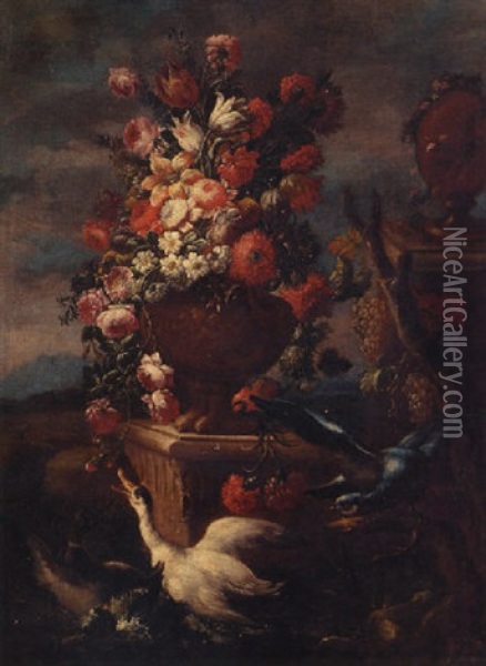 Roses, Carnations, Tulips And Other Flowers In A Sculpted Urn On A Stone Ledge, By A Terracotta Urn With Flower Swags Oil Painting - Nicola Casissa