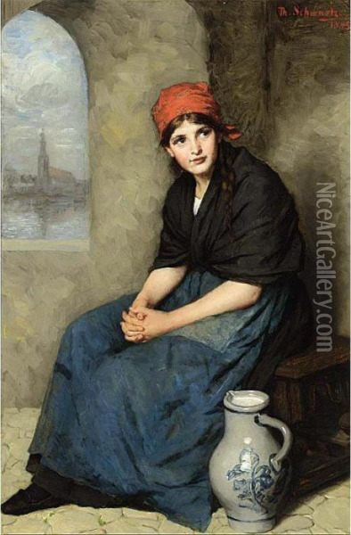 A Portrait Of A Seated Girl, Wearing A Dark Blue Dress And Red Headscarf Oil Painting - Therese Schwartze