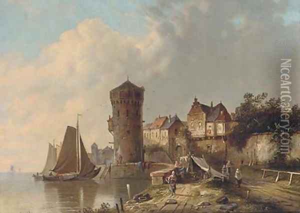 A Dutch harbour scene Oil Painting - Simon Van Der Ley