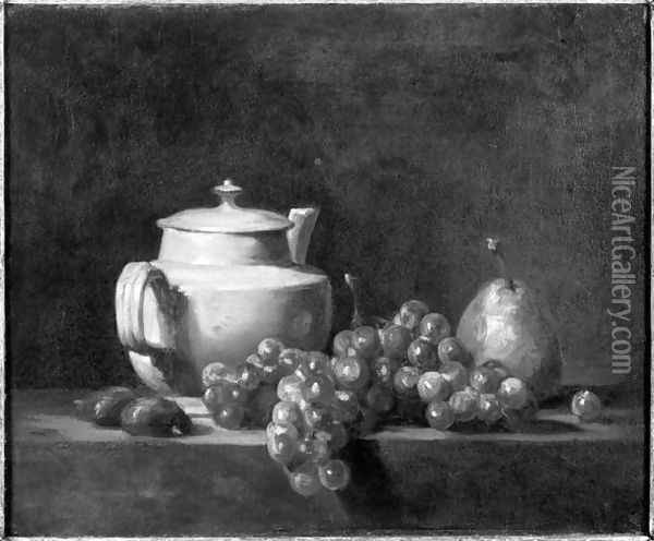 White Teapot with Two Chestnuts, White Grapes and a Pear Oil Painting - Jean-Baptiste-Simeon Chardin