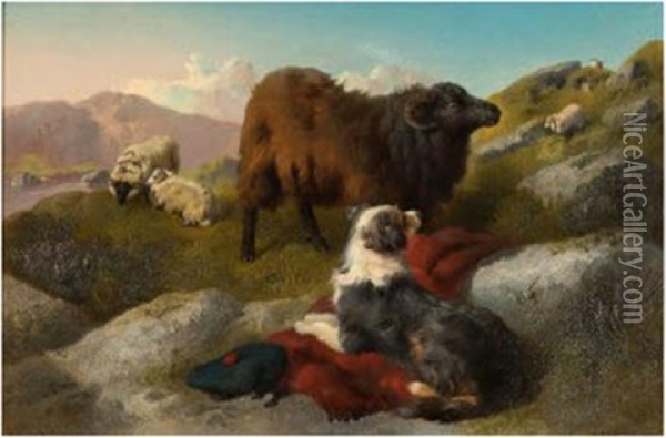 'watching The Flock'; A Sheepdog In The Highlands Oil Painting - George William Horlor