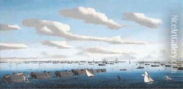 A panorama of Portsmouth harbour with hulks in line ahead and the fleet at anchor, including warships of the American and Spanish navies Oil Painting - Ambroise-Louis Garneray