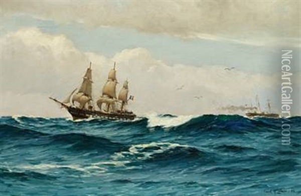 French Three-master And Danish Steamship At Sea Oil Painting - Carl Ludvig Thilson Locher